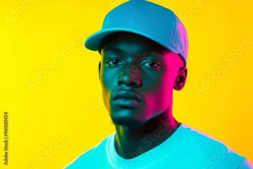 Men in Neon Blue Snapback with Solid Neon Yellow Background Fashion Lifestyle Portrait, Trendy and Stylish