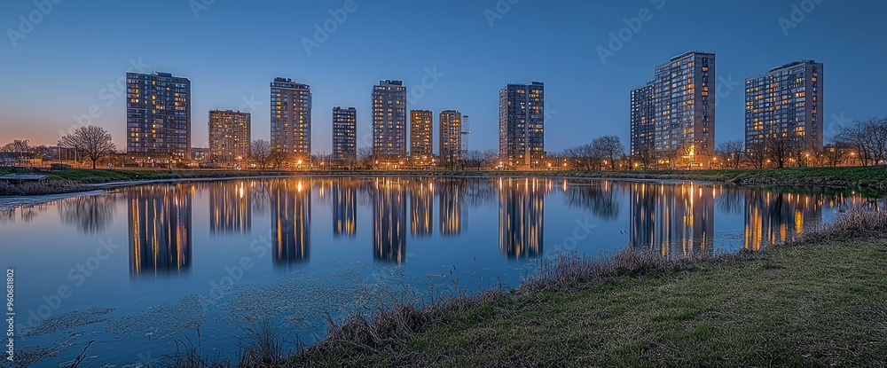 Fototapeta premium Cityscape with Reflections at Dusk