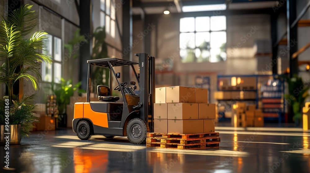 Taking down a wooden pallet with cartoon boxes and containers in a warehouse full of containers and packages. An industrial storage vehicle doing distribution and storehouse logistics. Taking down a wooden pallet with cartoon boxes and containers in a warehouse full of containers and packages. An industrial storage vehicle doing distribution and storehouse logistics.