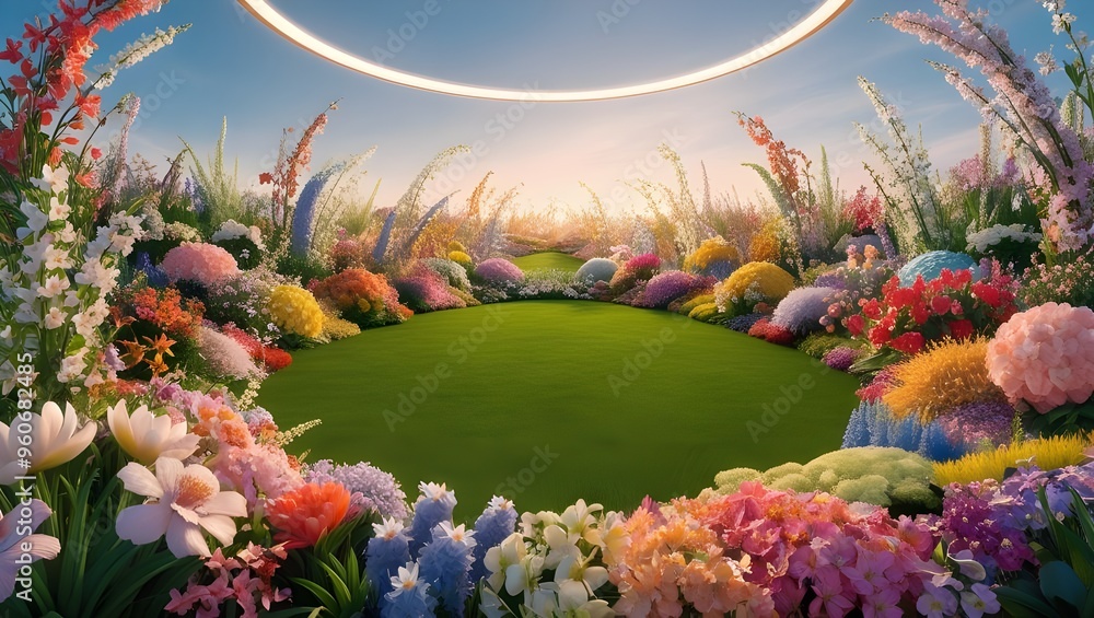 Fototapeta premium Beautiful Spring Garden: Panoramic View of Vibrant Flowers and Green Lawn Emphasizing Natural Beauty