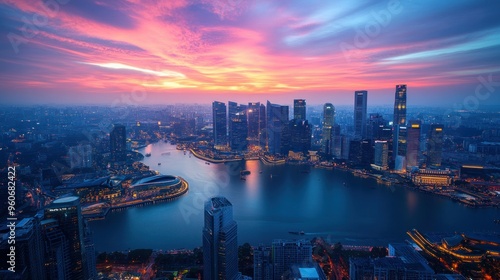 Singapore Skyline at Sunset with Dramatic Sky and River