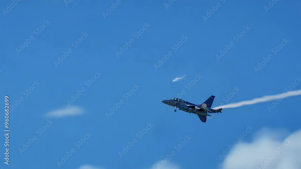 A fighter jet executes an impressive aerial maneuver against a backdrop of fluffy clouds and blue skies. The aircraft showcases its agility in the bright sunshine. A fighter jet executes an impressive aerial maneuver against a backdrop of fluffy clouds and blue skies. The aircraft showcases its agility in the bright sunshine.