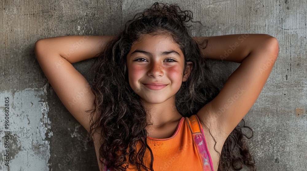 Naklejka premium Strong youthful Caucasian female teen smiling at the camera with white teeth and flexing her muscles. Beautiful young Caucasian girl wearing a white t-shirt.