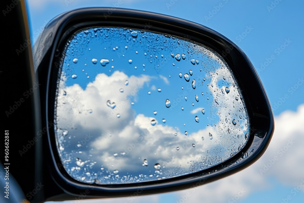 Car Side Mirror Reflecting Cloudy Sky with Water Droplets Car Side Mirror Reflecting Cloudy Sky with Water Droplets