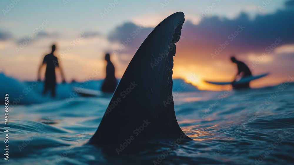 Fototapeta premium The predator fin of a shark is magnified close-up, a sea or ocean surface is blurred in the background, and people are having fun in the water, ready for the attack, aggressive.