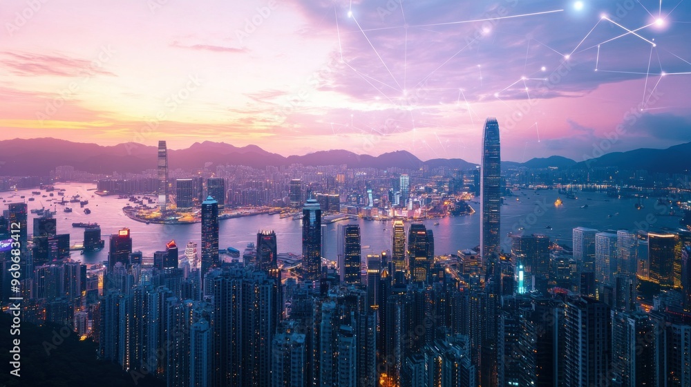 Hong Kong Skyline at Dusk with Interconnected Network Lines Hong Kong Skyline at Dusk with Interconnected Network Lines