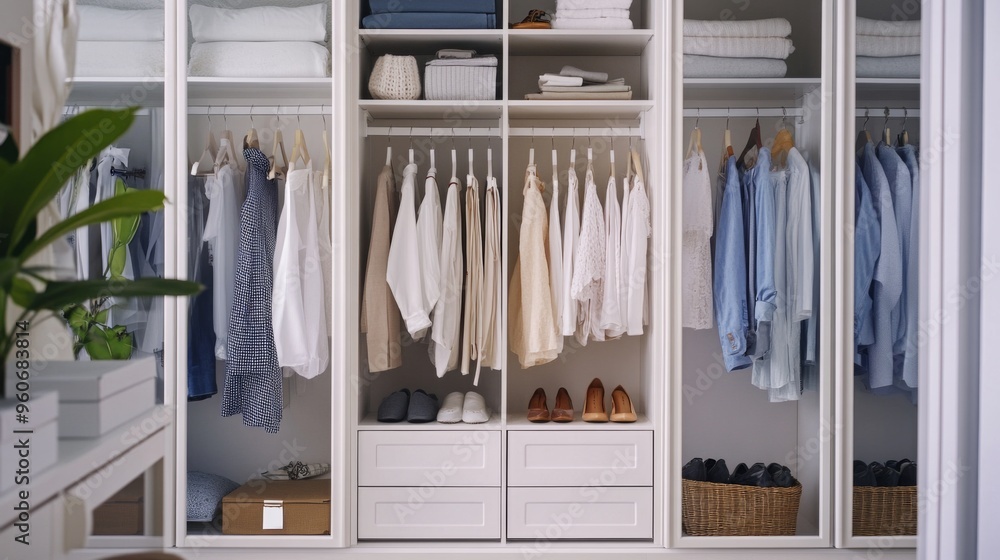An elegant wardrobe with mirrored doors open to reveal neatly arranged clothing, shoes, and accessories, highlighting a well-organized dressing area An elegant wardrobe with mirrored doors open to reveal neatly arranged clothing, shoes, and accessories, highlighting a well-organized dressing area