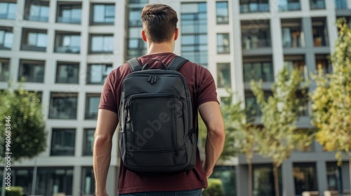 Fit and muscular Caucasian man walking towards the gym to train indoors for strength and to workout, with a backpack and t-shirt on his back