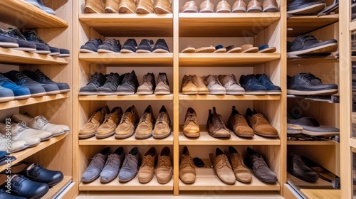 Wallpaper Mural An image of a shoe rack in a home closet, with shoes arranged in an orderly fashion on multiple levels, showcasing a practical and efficient storage solution Torontodigital.ca