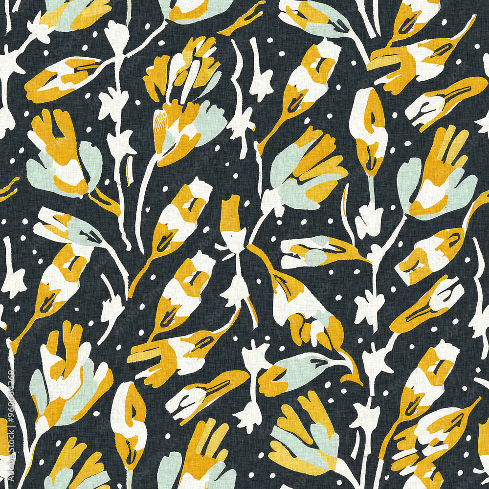 Modern printed fabric wildflower blockprint pattern with linen fabric textures. Stylized hand drawn boho dark florals for decorative design elements in repeatable background tile. Modern printed fabric wildflower blockprint pattern with linen fabric textures. Stylized hand drawn boho dark florals for decorative design elements in repeatable background tile.