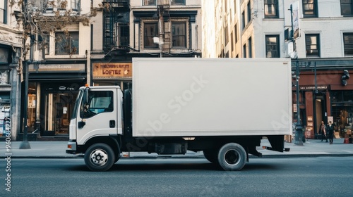 Blank white mockup of a small truck driving through the city streets, template for advertisement. Commercial business transporting cargo from one location to another.