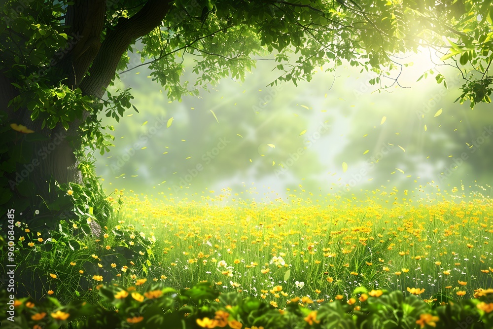 Obraz premium A picturesque spring meadow with yellow flowers and green leaves bathed in sunlight.