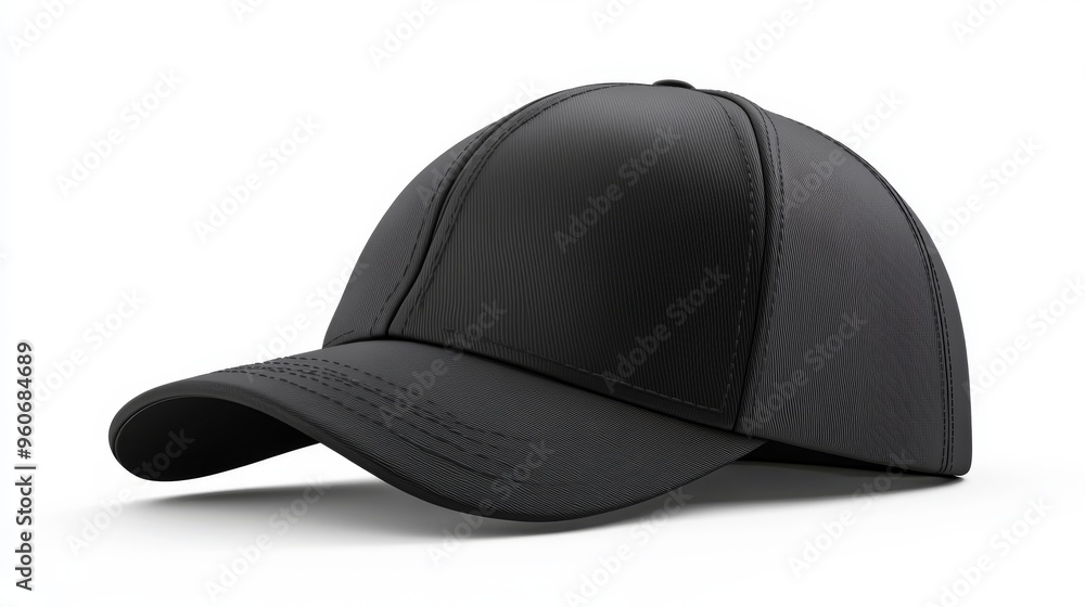 Fototapeta premium An isolated black blank baseball cap hat mockup isolated on a transparent background. Front view fashion object, headwear merchandise apparel collection.