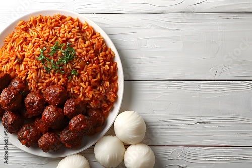 Traditional African dish with jollof rice, meatballs, and fufu served on a white wooden background. Cultural food concept with copy space for food blog, banner, or marketing. photo