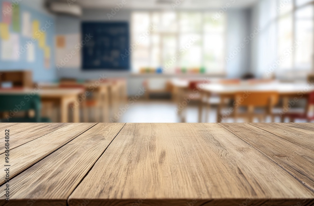 Wooden tabletop with a blurred background of a school classroom Wooden tabletop with a blurred background of a school classroom