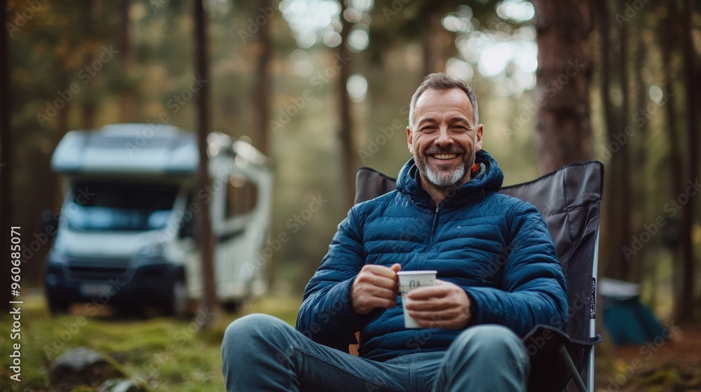 Fototapeta premium An attractive happy young man holding a coffee mug, sitting in a camping chair in front of a trailer house in the forest wilderness outdoors.
