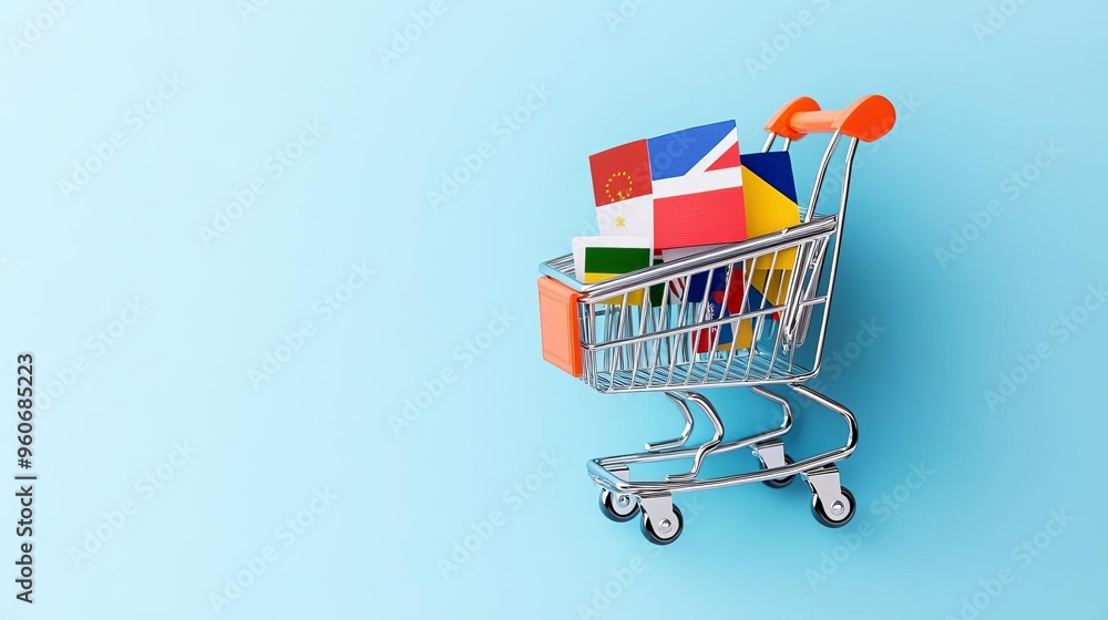 Cross-border e-commerce, shopping cart with international flags, 3D illustration Cross-border e-commerce, shopping cart with international flags, 3D illustration