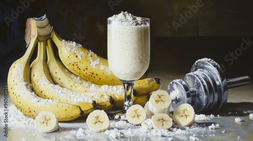 A banana smoothie with protein powder in a glass. A blended vegetarian shake drink, vegan protein shake, after working out or training in the gym.