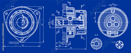 Vector drawing of steel mechanical part with through holes
and dimension lines.
Engineering cad scheme. Technical computer template.
