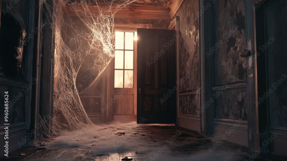 Abandoned Room with Cobwebs and a Sunlit Doorway Abandoned Room with Cobwebs and a Sunlit Doorway