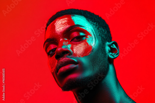 Bold Mens Neon Red Face Mask with Solid Neon Green Trendy Portrait with a Modern Neon Fashion Background