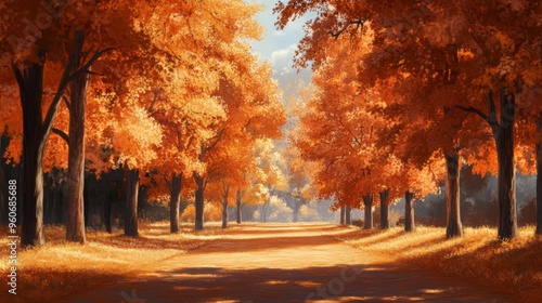 An orange autumn landscape with trees displaying vibrant fall foliage, casting a warm glow over a serene park scene.