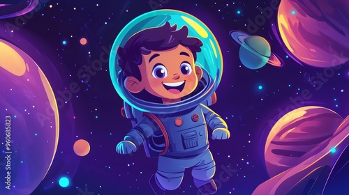 Wallpaper Mural An astronaut smiling in space. A child or a kid wearing a helmet and suit explores the universe, cosmos, galaxy, and adventures in space, cartoon illustration. Torontodigital.ca