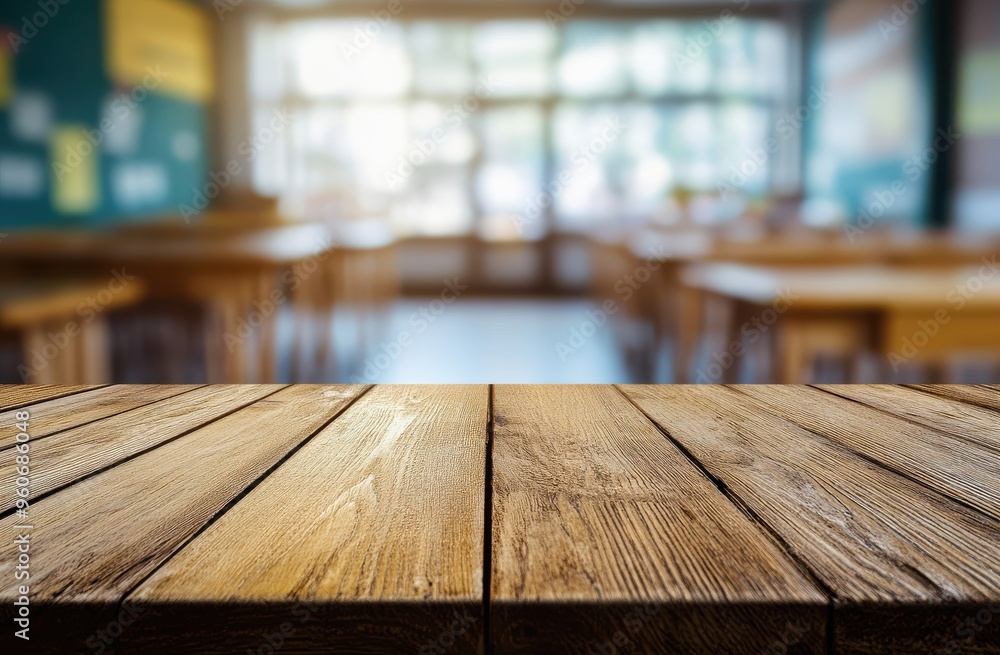 Wooden tabletop with a blurred background of a school classroom Wooden tabletop with a blurred background of a school classroom
