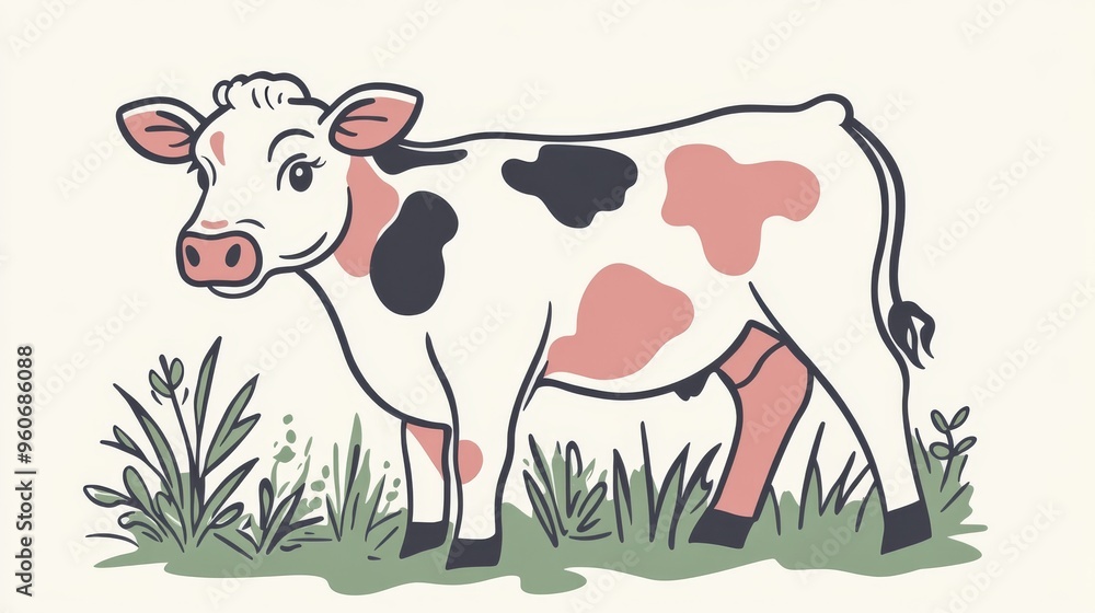 Animal character on a farm illustration, village cattle mammal, kid child education, nature illustration, cow on pasture field. Animal character on a farm illustration, village cattle mammal, kid child education, nature illustration, cow on pasture field.