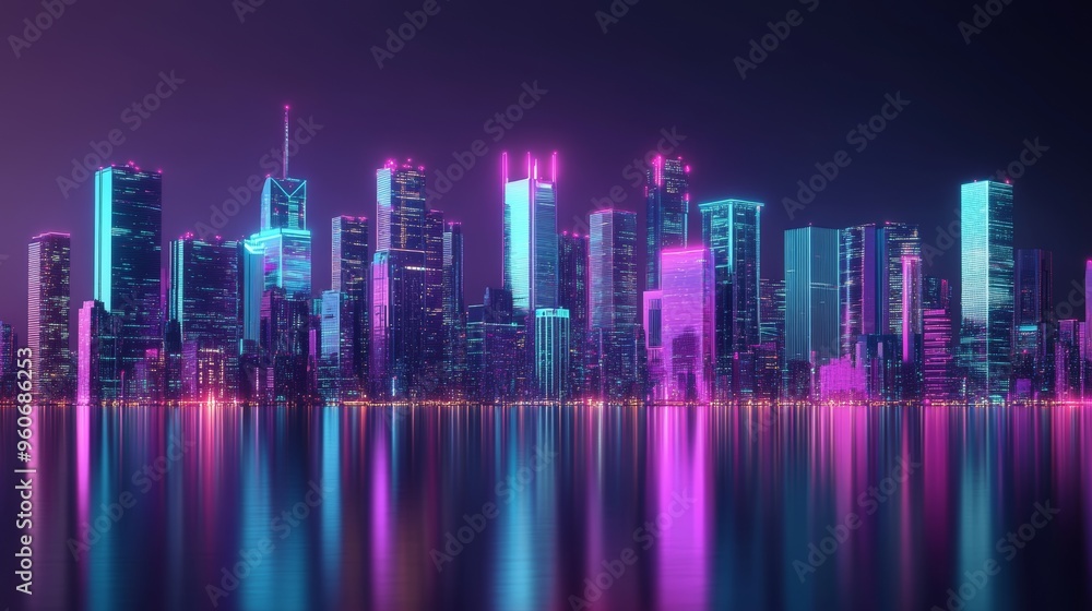 Fototapeta premium Reflection of a neon city skyline. Milky blue and purple futuristic skyscraper towers, bright urban downtown lights, fantasy cyberpunk wallpaper.