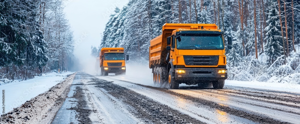 Yellow Dump Trucks Driving on Snowy Road in Winter Forest Yellow Dump Trucks Driving on Snowy Road in Winter Forest