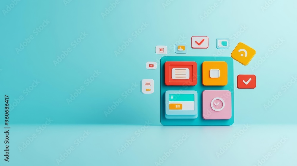 Employee productivity tools, digital apps on screen, seamless integration, 3D illustration Employee productivity tools, digital apps on screen, seamless integration, 3D illustration