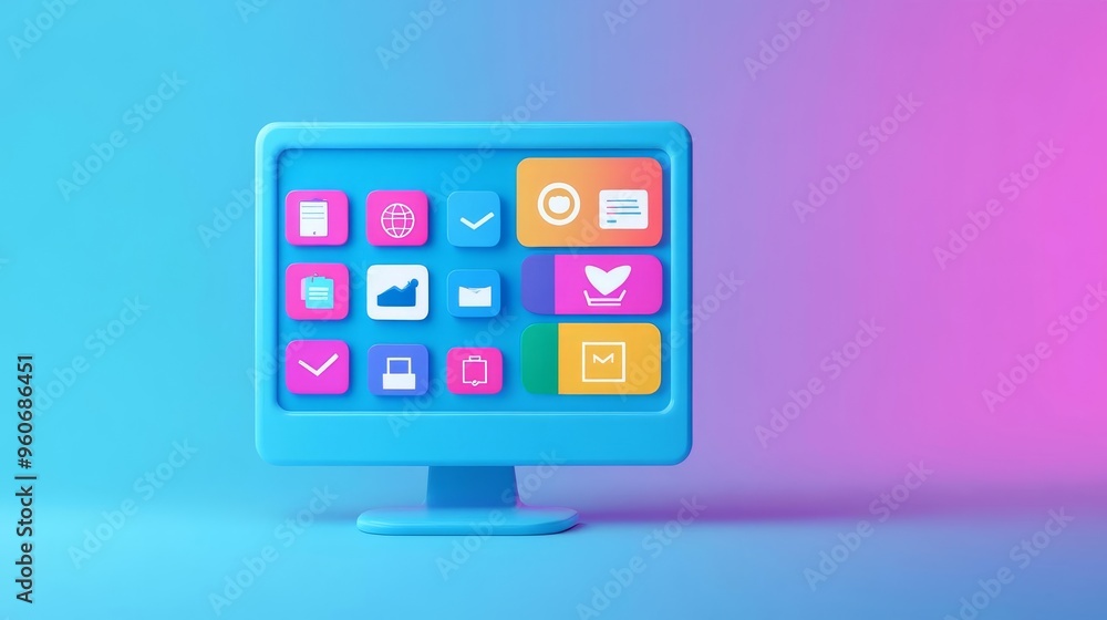 Employee productivity tools, digital apps on screen, seamless integration, 3D illustration Employee productivity tools, digital apps on screen, seamless integration, 3D illustration