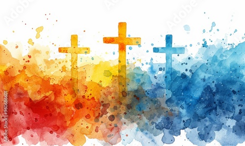 Vibrant watercolor artwork featuring four crosses blending into a spectrum of colors symbolizing hope, faith, and spirituality in a serene backdrop photo