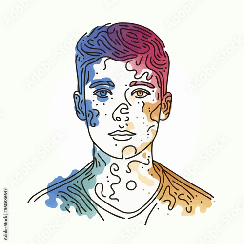 A drawing of a man with a purple and blue hair , psoriasis, eczema, vitiligo, alopecia, hyperpigmentation, rosacea, herpes, dermatitis, 