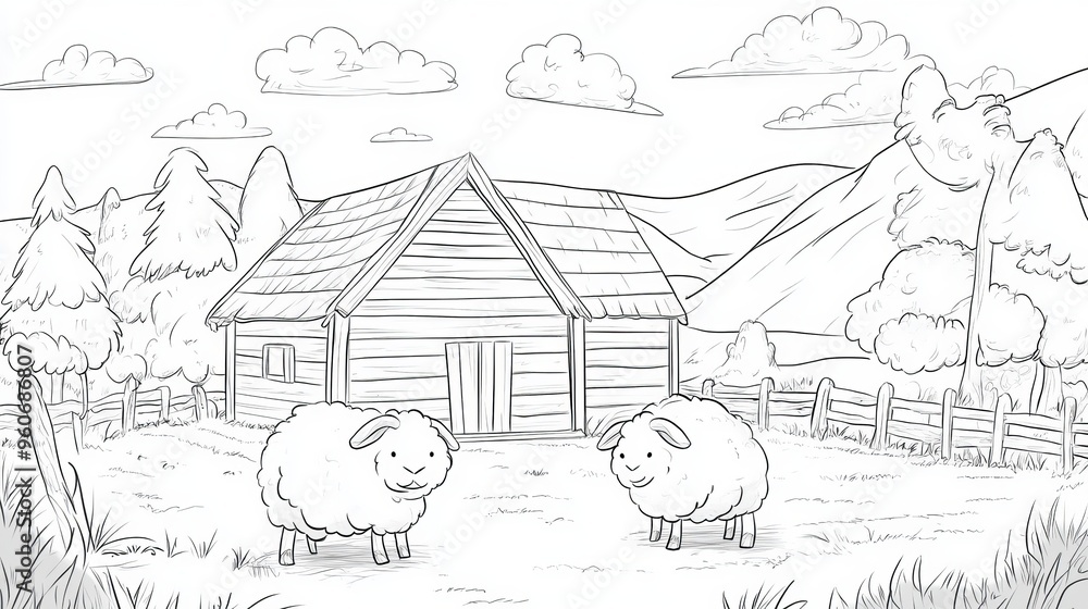 Obraz premium A sheep animal coloring book page outline contour drawing illustration. A character illustration for preschoolers of domestic farm livestock, including a village character.