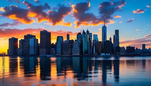 At sunset, the city skyline sets off the water and blue sky, showing the harmonious beauty of the charming urban landscape and natural scenery.