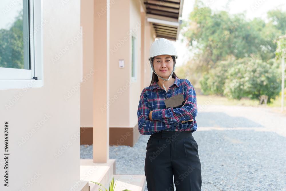 Asian female building inspector standing outdoors with arms crossed, wearing a white safety helmet and plaid shirt, holding a digital tablet, in a construction site environment. Asian female building inspector standing outdoors with arms crossed, wearing a white safety helmet and plaid shirt, holding a digital tablet, in a construction site environment.