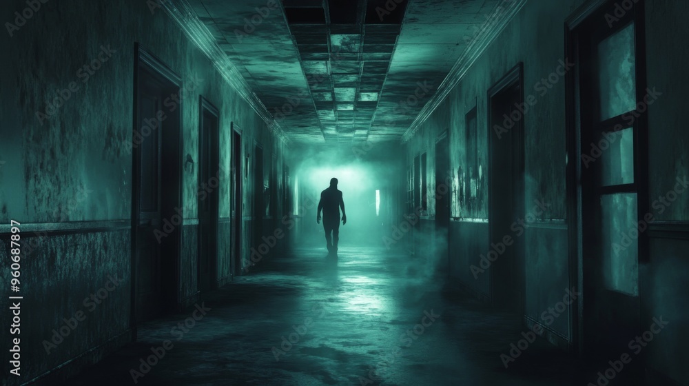 Silhouette of a Man Walking Through a Foggy, Abandoned Hallway Silhouette of a Man Walking Through a Foggy, Abandoned Hallway