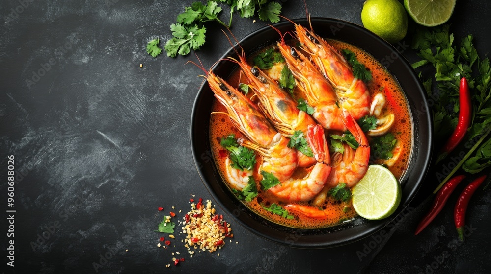 Bird's-eye view of hot and spicy Tom Yum Goong, with prawns and aromatic herbs floating in a tangy broth, accompanied by lime and chili on the side. Bird's-eye view of hot and spicy Tom Yum Goong, with prawns and aromatic herbs floating in a tangy broth, accompanied by lime and chili on the side.