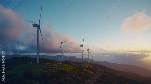 Wind turbines stand tall against a vibrant sunset sky on a mountainous landscape.