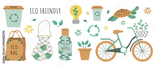 Eco friendly set of elements. Eco products, bottle, bag, bicycle. Zero waste. Go green. Flat vector illustration