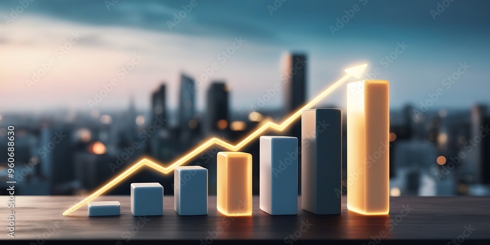 3D Bar Graph with Upward Arrow on Blurred Background - Business Growth and Financial Success Concept 3D Bar Graph with Upward Arrow on Blurred Background - Business Growth and Financial Success Concept