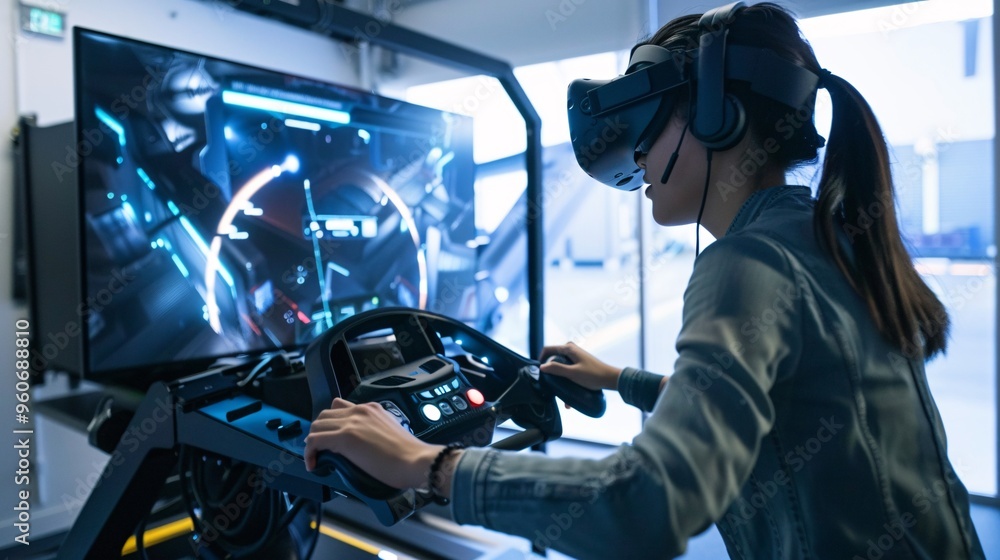 Woman Using VR Headset to Play a Racing Game Woman Using VR Headset to Play a Racing Game