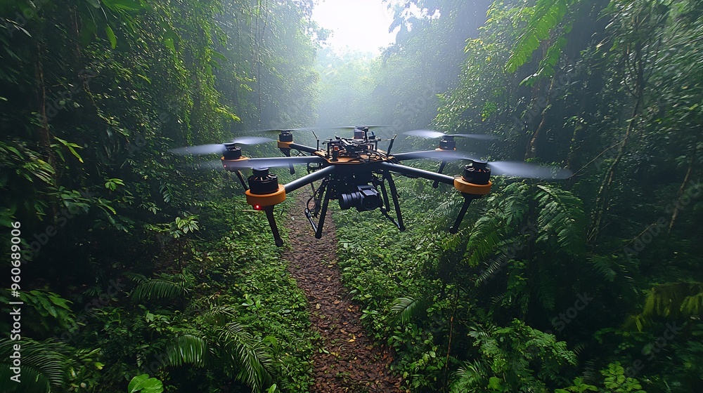 Team of ecologists using drones to map biodiversity hotspots in a dense rainforest