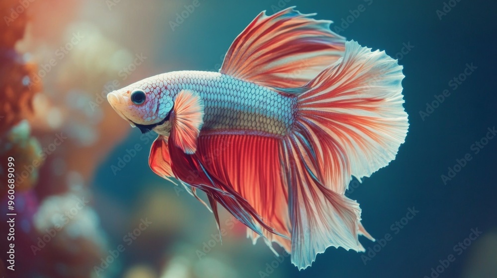 Close-up of a Betta fish with a mesmerizing array of colors and delicate fins, swimming elegantly through a well-decorated aquarium environment. Close-up of a Betta fish with a mesmerizing array of colors and delicate fins, swimming elegantly through a well-decorated aquarium environment.