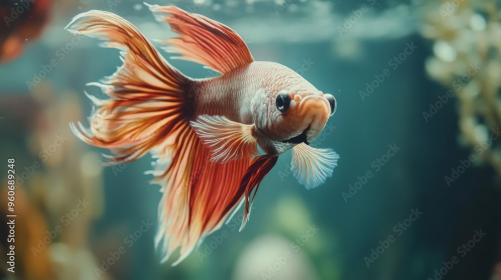 Close-up of a Betta fish with a mesmerizing array of colors and delicate fins, swimming elegantly through a well-decorated aquarium environment. Close-up of a Betta fish with a mesmerizing array of colors and delicate fins, swimming elegantly through a well-decorated aquarium environment.