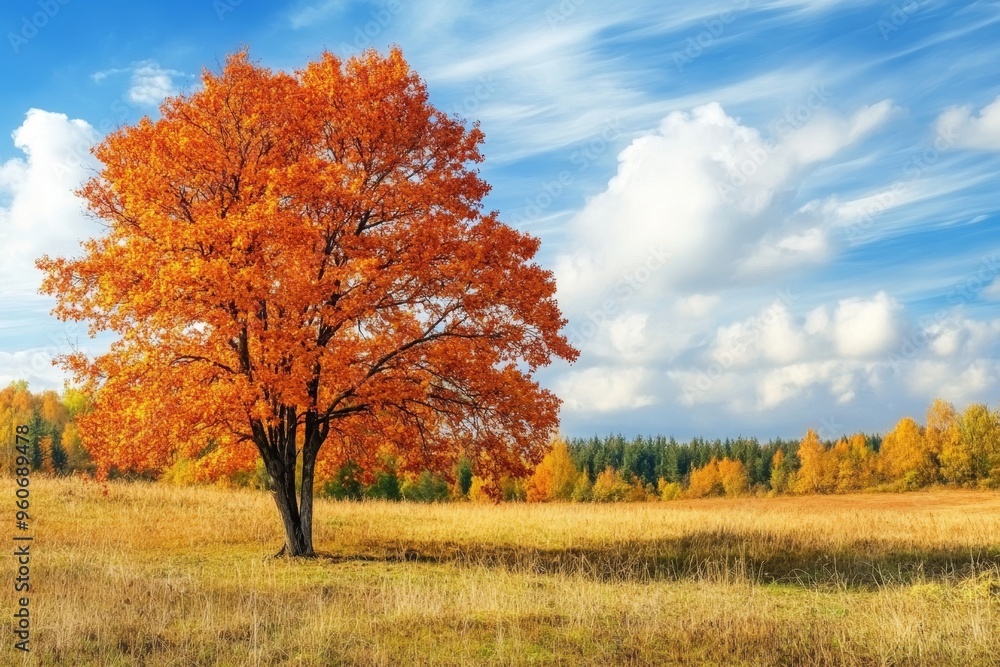 Fototapeta premium Lone Tree with Bright Orange Leaves Under a Blue Sky