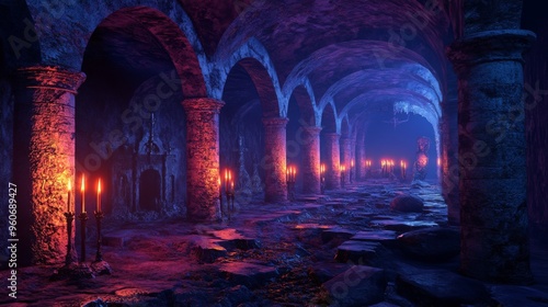 A Mystical Stone Corridor Lit by Candles in a Dark Cave