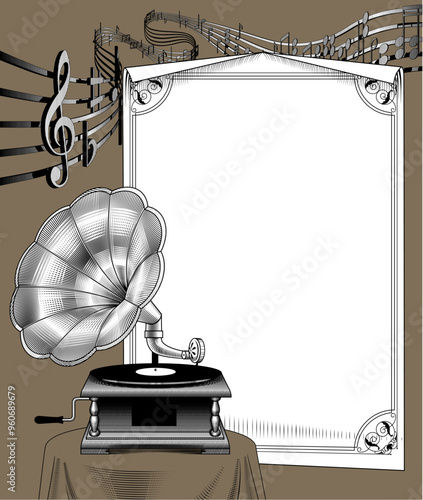 Old gramophone with vinyl records, blank sheet of paper with a decorative frame and musical notes on winding lines. Retro music poster template in vintage 
engraving style. Vector illustration